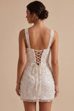 White Corset Bodycon Square Neck Short Little White Dress with Sequins