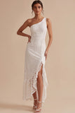 White Sheath One Shoulder Lace Ruffle Midi Little White Dress with Slit