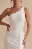 White Sheath One Shoulder Lace Ruffle Midi Little White Dress with Slit
