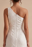 White Sheath One Shoulder Lace Ruffle Midi Little White Dress with Slit
