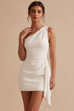 White Bodycon Asymmetrical One Shoulder Ruched Short Little White Dress