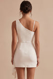White Bodycon Asymmetrical One Shoulder Ruched Short Little White Dress