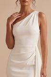 White Bodycon Asymmetrical One Shoulder Ruched Short Little White Dress