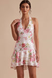 White Halter Sequins Floral High-Low Homecoming Dress