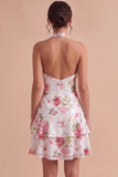 White Halter Sequins Floral High-Low Homecoming Dress