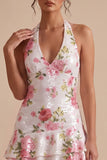 White Halter Sequins Floral High-Low Homecoming Dress
