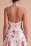 White Halter Sequins Floral High-Low Homecoming Dress