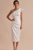 White Sheath One Shoulder Ruched Midi Little White Dress with Lace