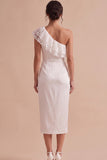White Sheath One Shoulder Ruched Midi Little White Dress with Lace