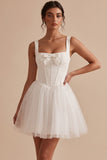 White Corset Tulle Square Neck Short Little White Dress with Bow