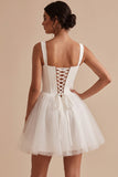 White Corset Tulle Square Neck Short Little White Dress with Bow