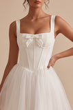 White Corset Tulle Square Neck Short Little White Dress with Bow