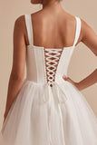 White Corset Tulle Square Neck Short Little White Dress with Bow