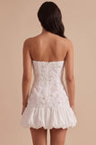 White Strapless Bodycon Bubble Hem Short Little White Dress with Bow