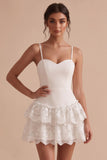 White Fitted Sweetheart Spaghetti Straps Tiered Short Little White Dress with Lace