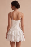White Fitted Sweetheart Spaghetti Straps Tiered Short Little White Dress with Lace