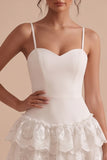 White Fitted Sweetheart Spaghetti Straps Tiered Short Little White Dress with Lace