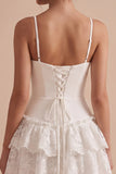White Fitted Sweetheart Spaghetti Straps Tiered Short Little White Dress with Lace
