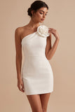 White Bodycon One Shoulder Short Little White Dress with 3D Flower