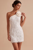 White Bodycon One Shoulder Short Little White Dress with 3D Flower