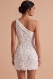 White Bodycon One Shoulder Short Little White Dress with 3D Flower