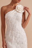 White Bodycon One Shoulder Short Little White Dress with 3D Flower