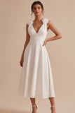 White A-Line V-Neck Ruched Midi Little White Dress with 3D Flower