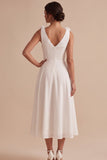 White A-Line V-Neck Ruched Midi Little White Dress with 3D Flower