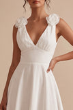 White A-Line V-Neck Ruched Midi Little White Dress with 3D Flower