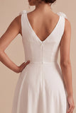 White A-Line V-Neck Ruched Midi Little White Dress with 3D Flower