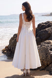 White A-Line V-Neck Lace Appliqued Tea-Length Wedding Dress