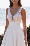 White A-Line V-Neck Lace Appliqued Tea-Length Wedding Dress