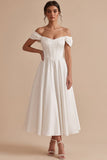 White Corset A-Line Off the Shoulder Satin Tea-Length Wedding Dress