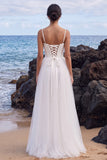 White Corset A-Line Spaghetti Straps Satin Maxi Wedding Dress with Side Slit
