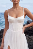 White Corset A-Line Spaghetti Straps Satin Maxi Wedding Dress with Side Slit