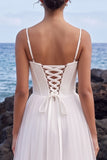 White Corset A-Line Spaghetti Straps Satin Maxi Wedding Dress with Side Slit
