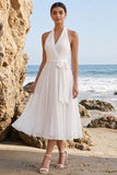 White A-Line Halter Chiffon Midi Wedding Dress with Sash