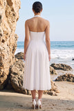 White A-Line Halter Chiffon Midi Wedding Dress with Sash