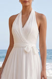 White A-Line Halter Chiffon Midi Wedding Dress with Sash