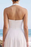 White A-Line Halter Chiffon Midi Wedding Dress with Sash