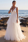 White A-Line V-Neck Satin Organza Tiered Maxi Wedding Dress