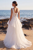 White A-Line V-Neck Satin Organza Tiered Maxi Wedding Dress