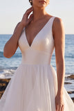 White A-Line V-Neck Satin Organza Tiered Maxi Wedding Dress
