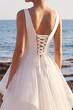 White A-Line V-Neck Satin Organza Tiered Maxi Wedding Dress
