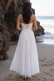 White A-Line Chiffon Strapless Ruched Lace Tea-Length Wedding Dress