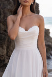 White A-Line Chiffon Strapless Ruched Lace Tea-Length Wedding Dress