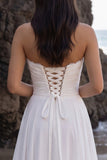 White A-Line Chiffon Strapless Ruched Lace Tea-Length Wedding Dress