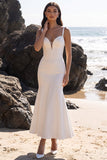 White Mermaid Satin Tulle Corset Sweetheart Ruched Midi Wedding Dress