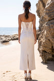 White Sheath Satin Cowl Neck Strapless Maxi Wedding Dress with Back Slit