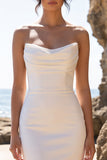 White Sheath Satin Cowl Neck Strapless Maxi Wedding Dress with Back Slit